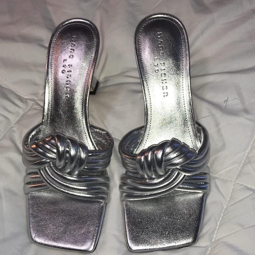 Marc Fisher Metallic Silver Knot-Front Heeled Sandals